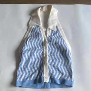 blue and white button up halter neck collar crop top chevron print size small
